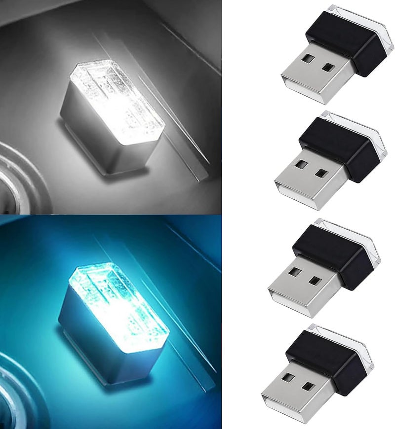 Hbxdeco 4 قطع مصباح داخلي LED للسيارة، ضوء ليلي صغير محمول، مجموعة إضاءة محيطية بواجهة USB، ملحقات داخلية عالمية للسيارة (أبيض + أزرق جليدي) - Image 1